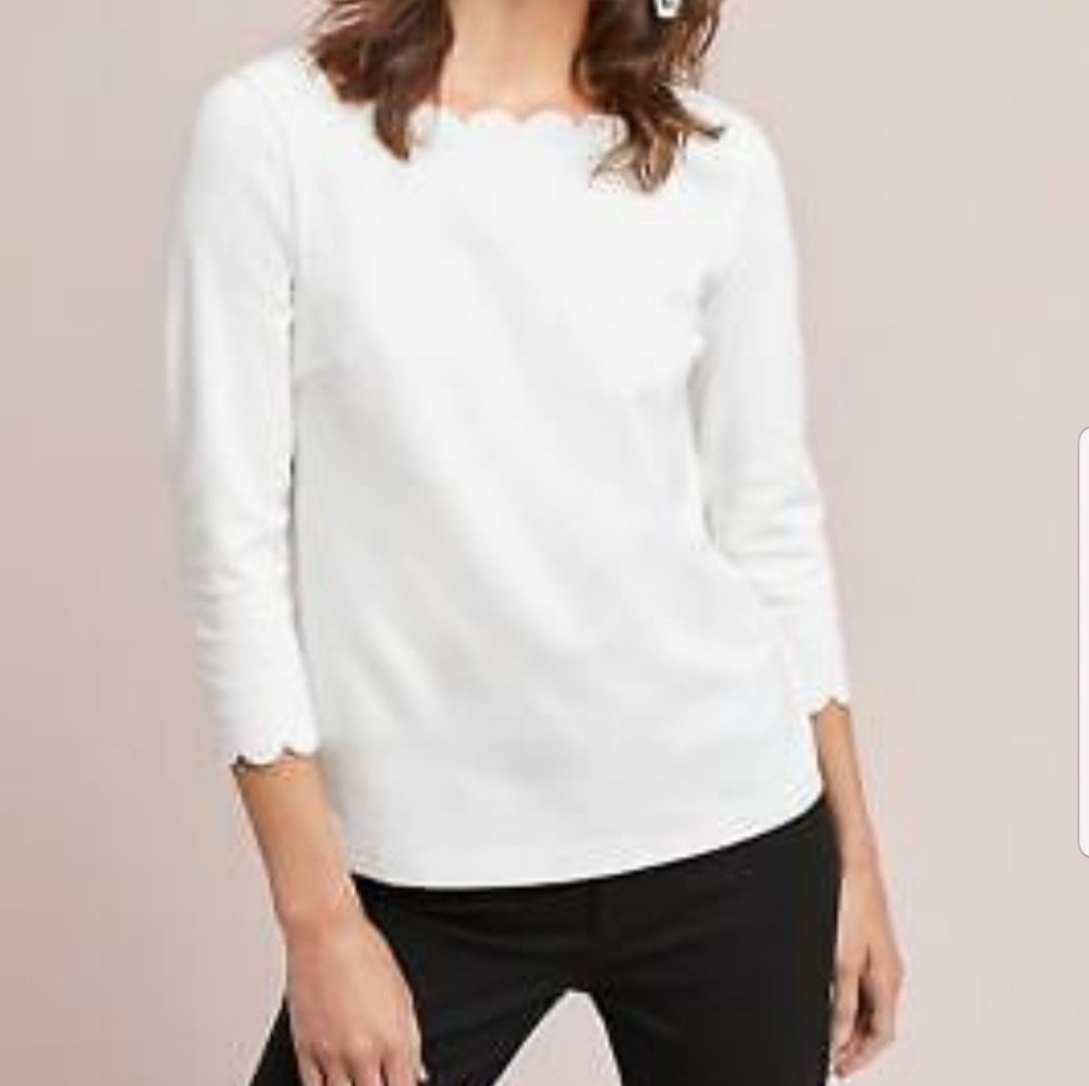 Anthro Eri Ali M Top Scalloped Neck Ivory PAULINA - Picture 2 of 8